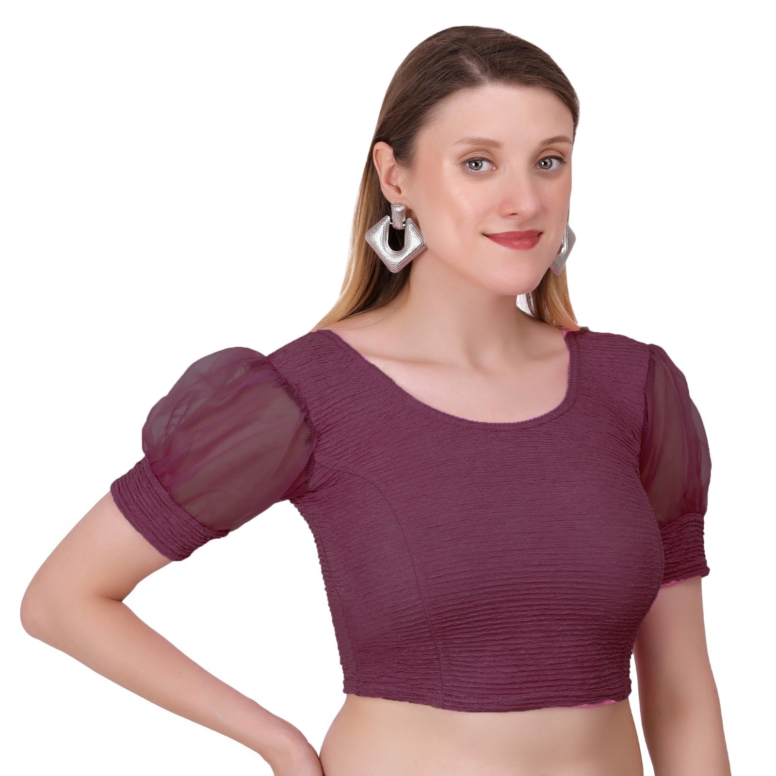 Vamika Cotton Lycra Stretchable Fabric Purple Balloon Sleeves Blouse - Distacart