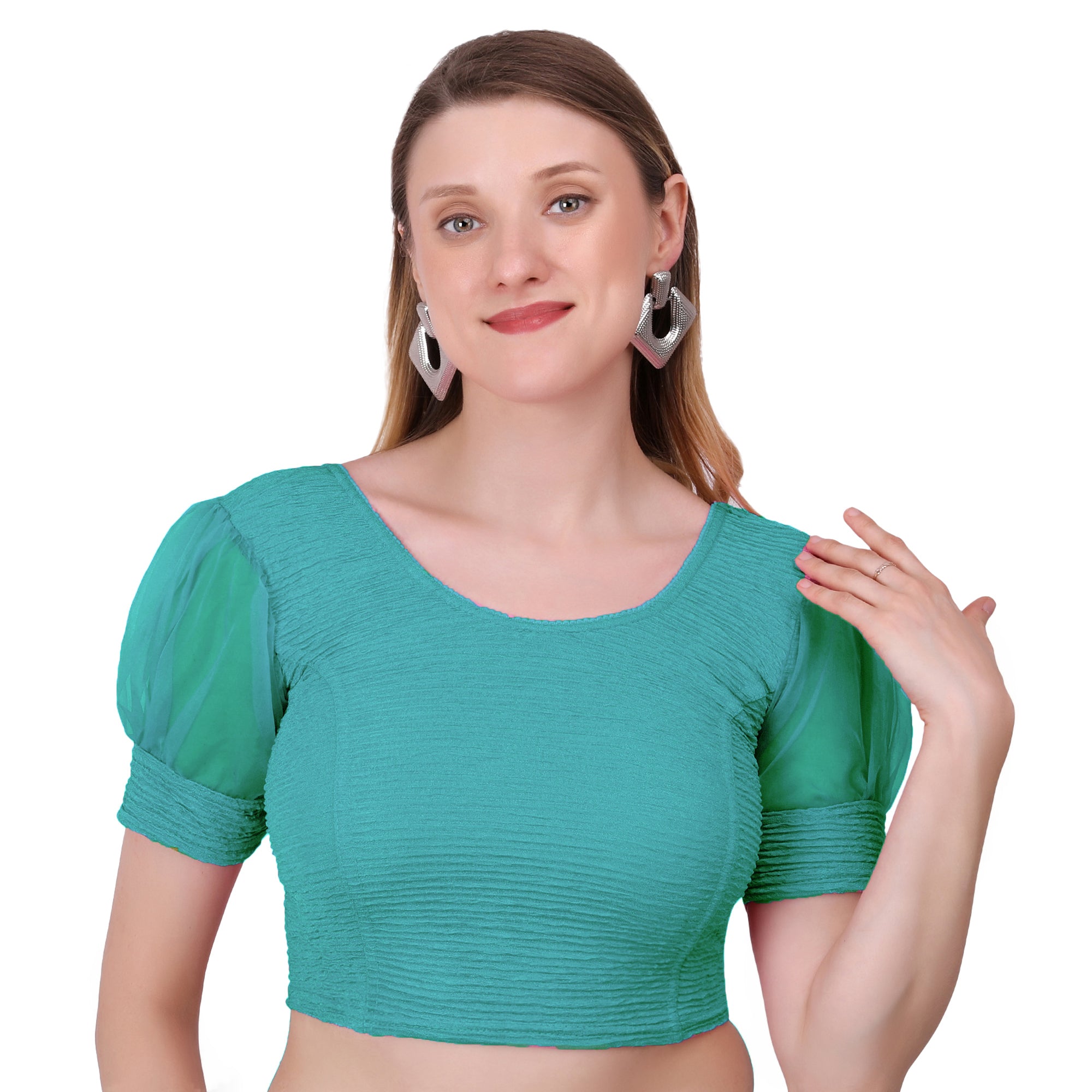 Vamika Cotton Lycra Stretchable Fabric Metalic Green Balloon Sleeves Blouse - Distacart