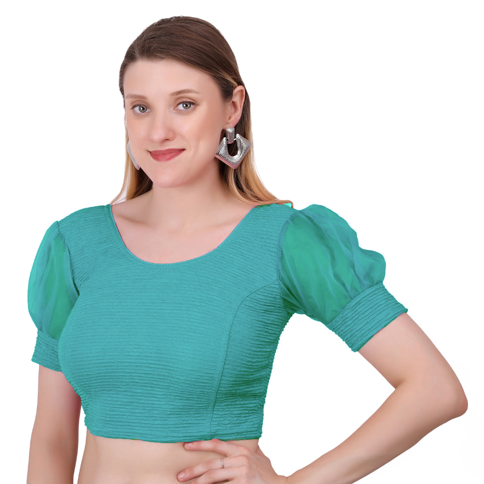 Vamika Cotton Lycra Stretchable Fabric Metalic Green Balloon Sleeves Blouse - Distacart