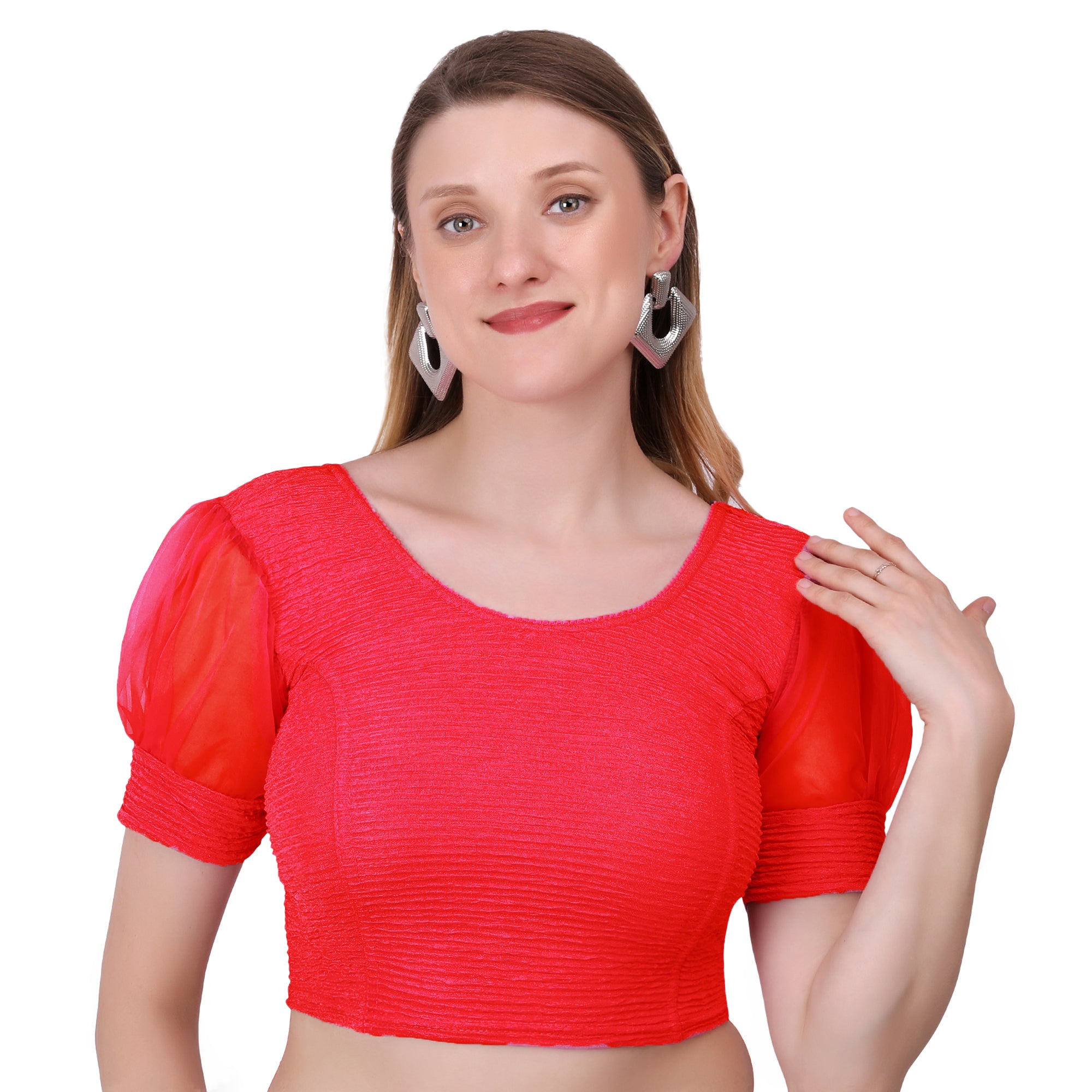 Vamika Cotton Lycra Stretchable Fabric Red Balloon Sleeves Blouse - Distacart