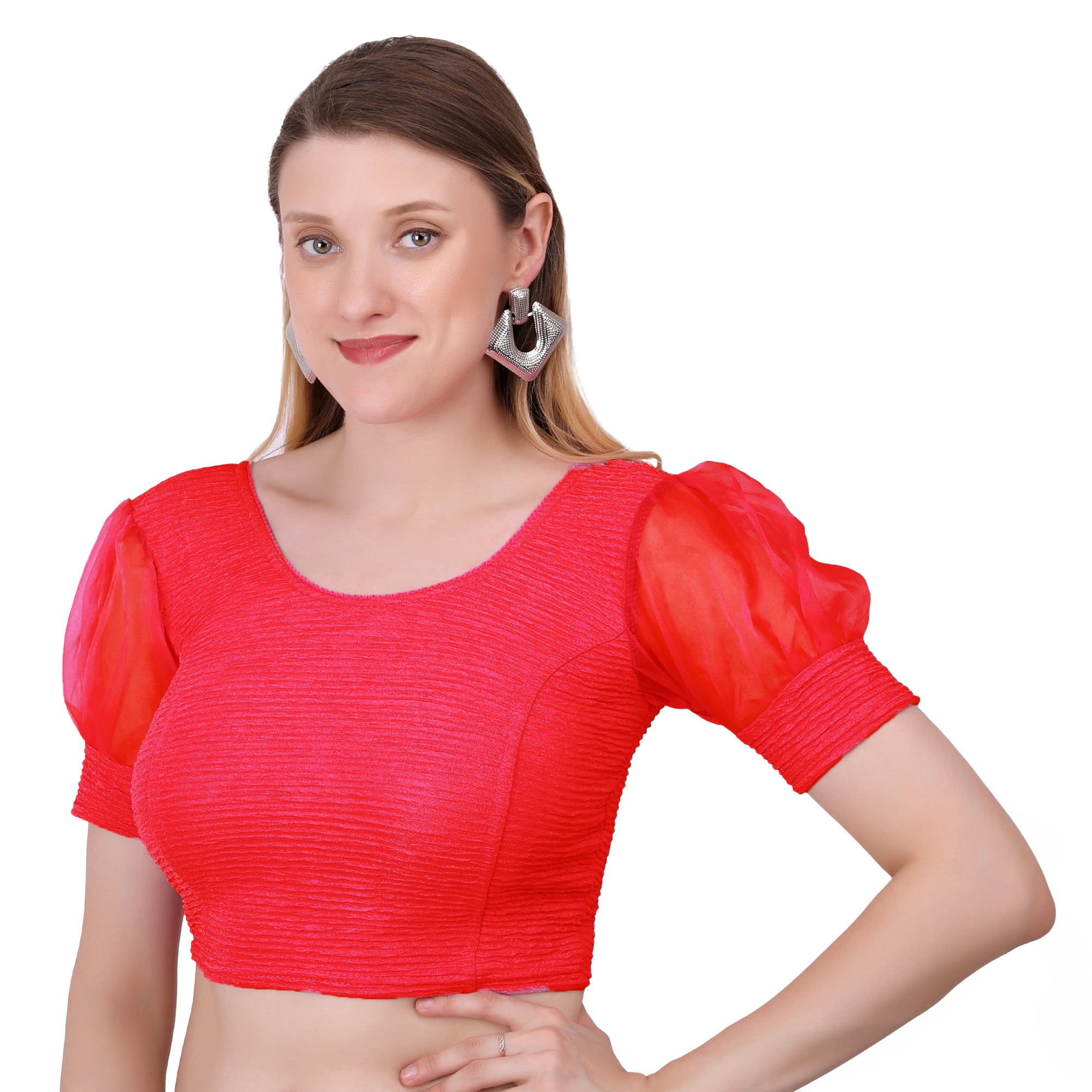Vamika Cotton Lycra Stretchable Fabric Red Balloon Sleeves Blouse - Distacart