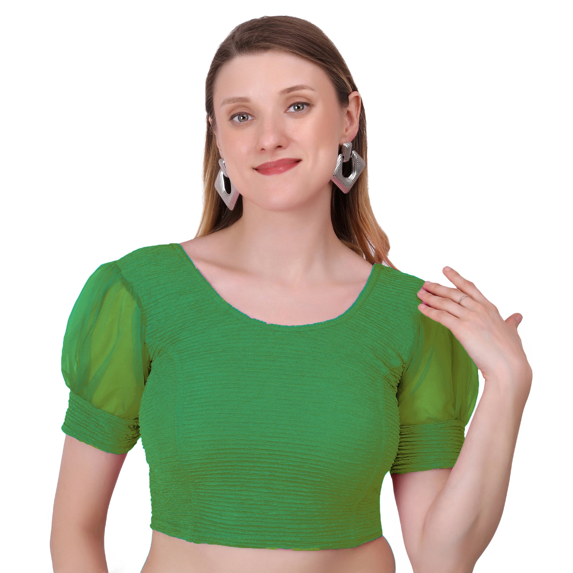 Vamika Cotton Lycra Stretchable Fabric Green Balloon Sleeves Blouse - Distacart