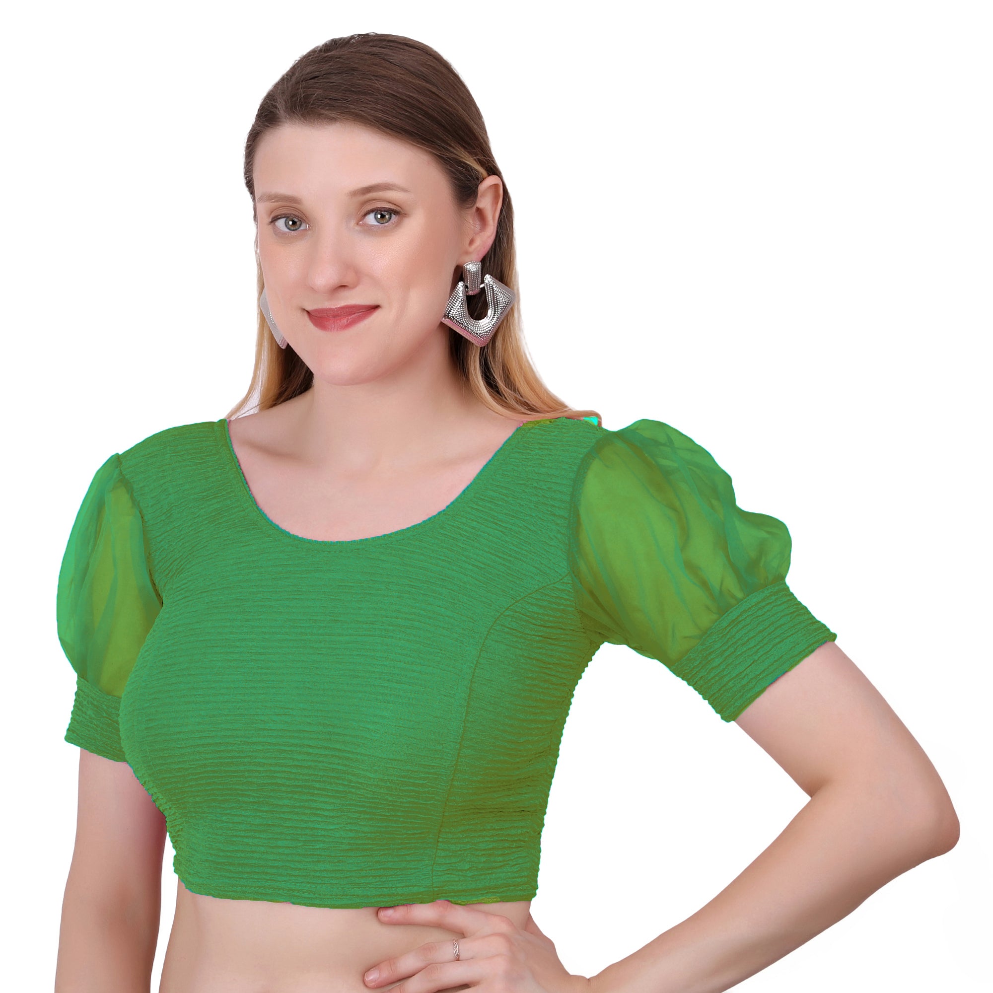 Vamika Cotton Lycra Stretchable Fabric Green Balloon Sleeves Blouse - Distacart
