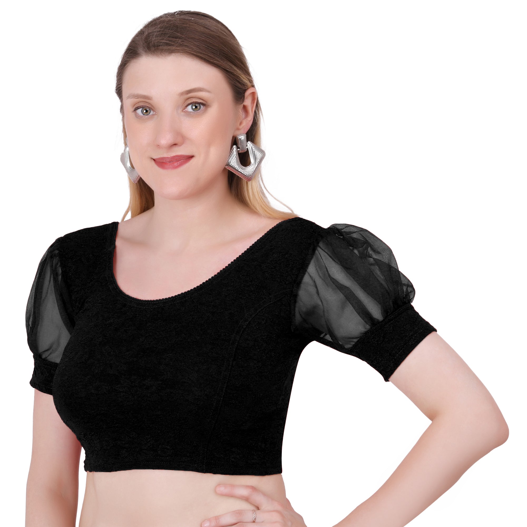 Vamika Cotton Lycra Stretchable Fabric Black Balloon Sleeves Blouse - Distacart