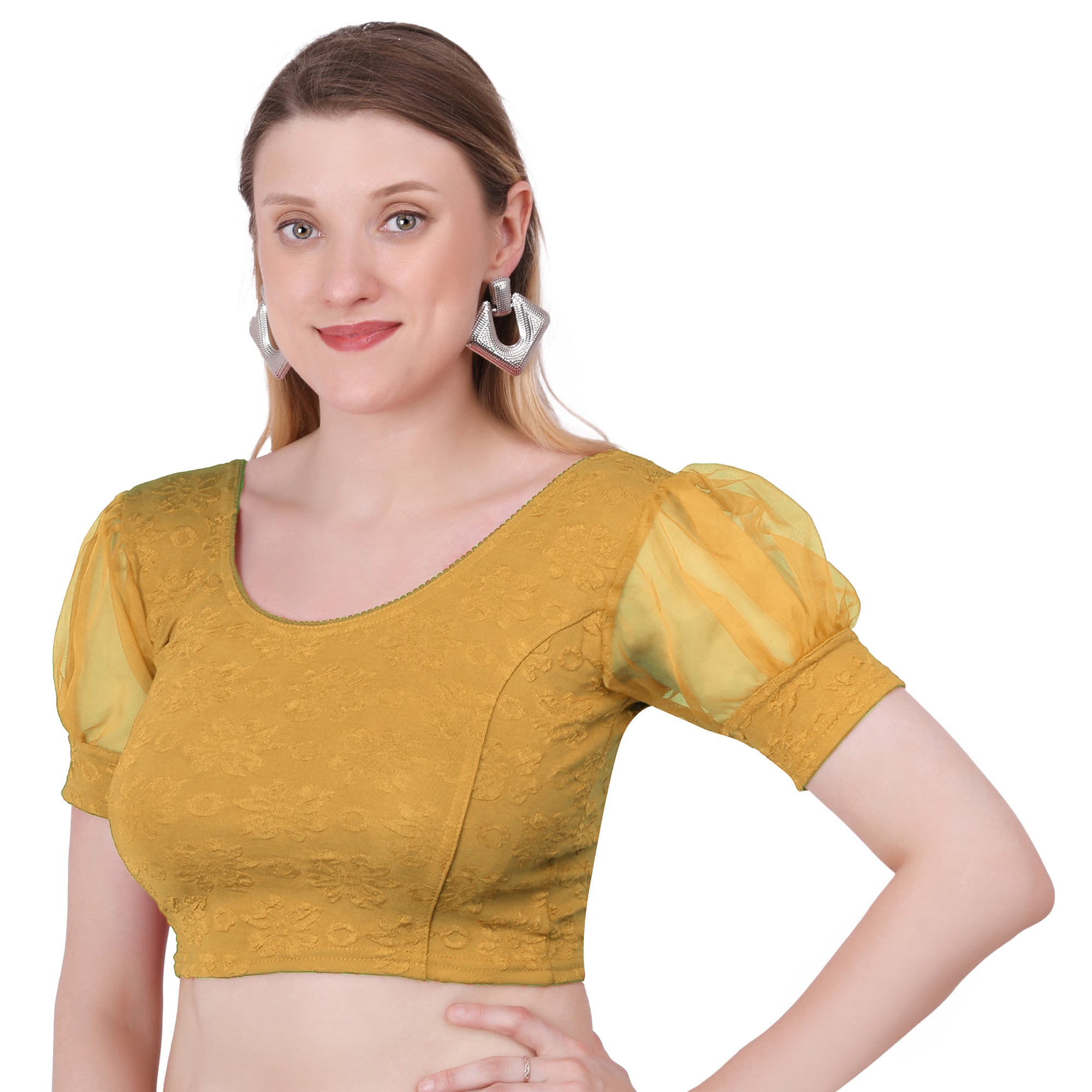 Vamika Cotton Lycra Stretchable Fabric Gold Balloon Sleeves Blouse - Distacart