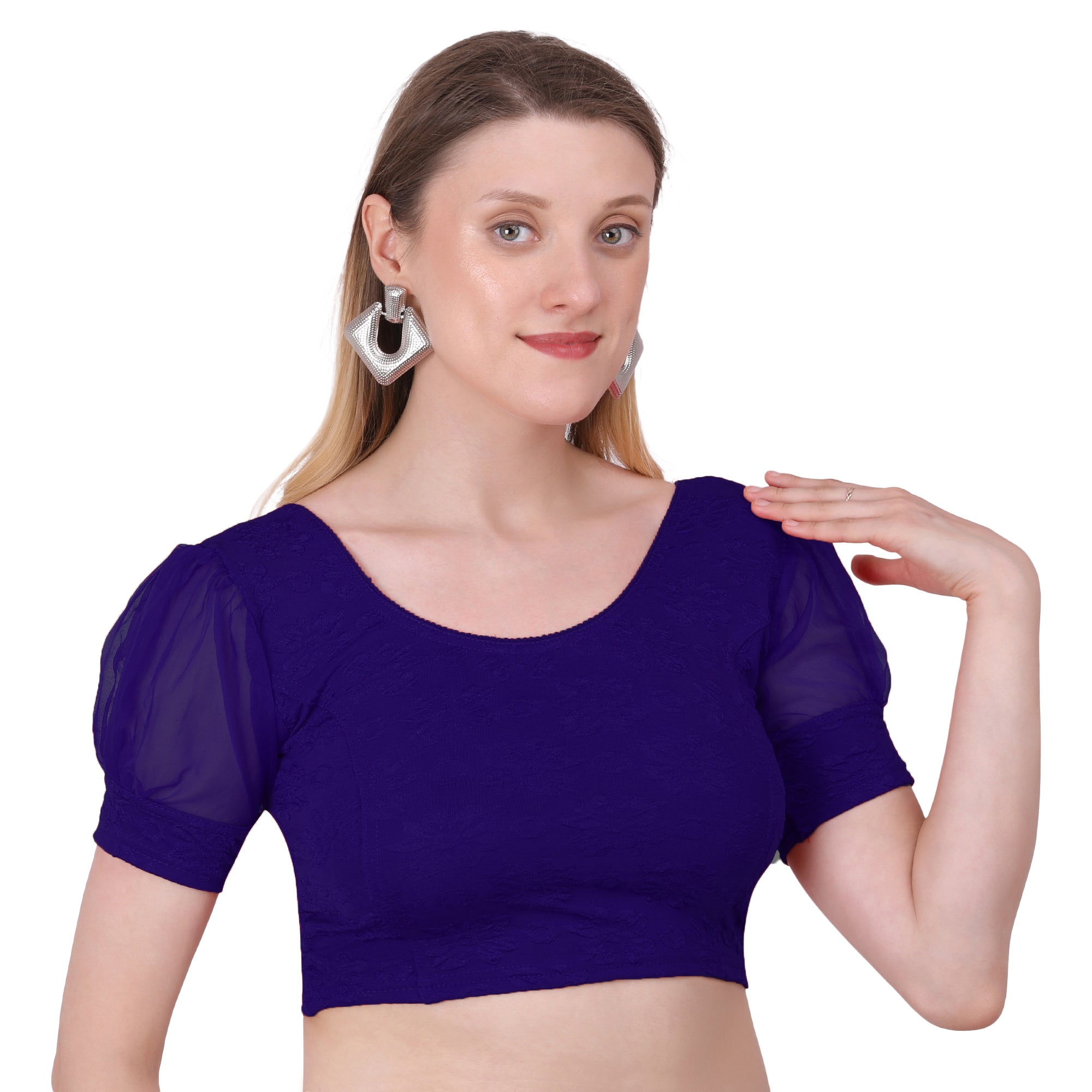 Vamika Cotton Lycra Stretchable Fabric Navy Blue Balloon Sleeves Blouse - Distacart