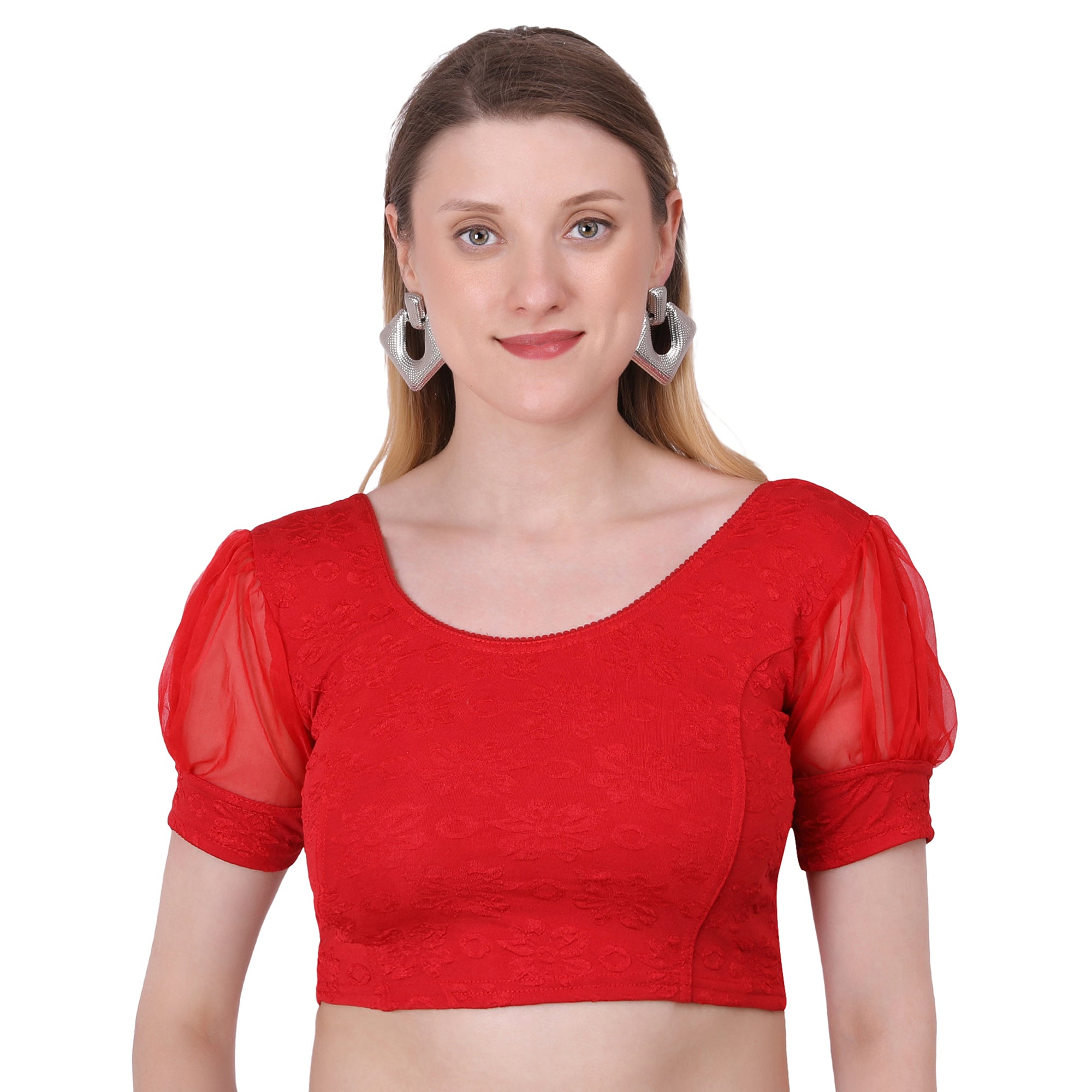 Vamika Cotton Lycra Stretchable Fabric Red Balloon Sleeves Blouse - Distacart