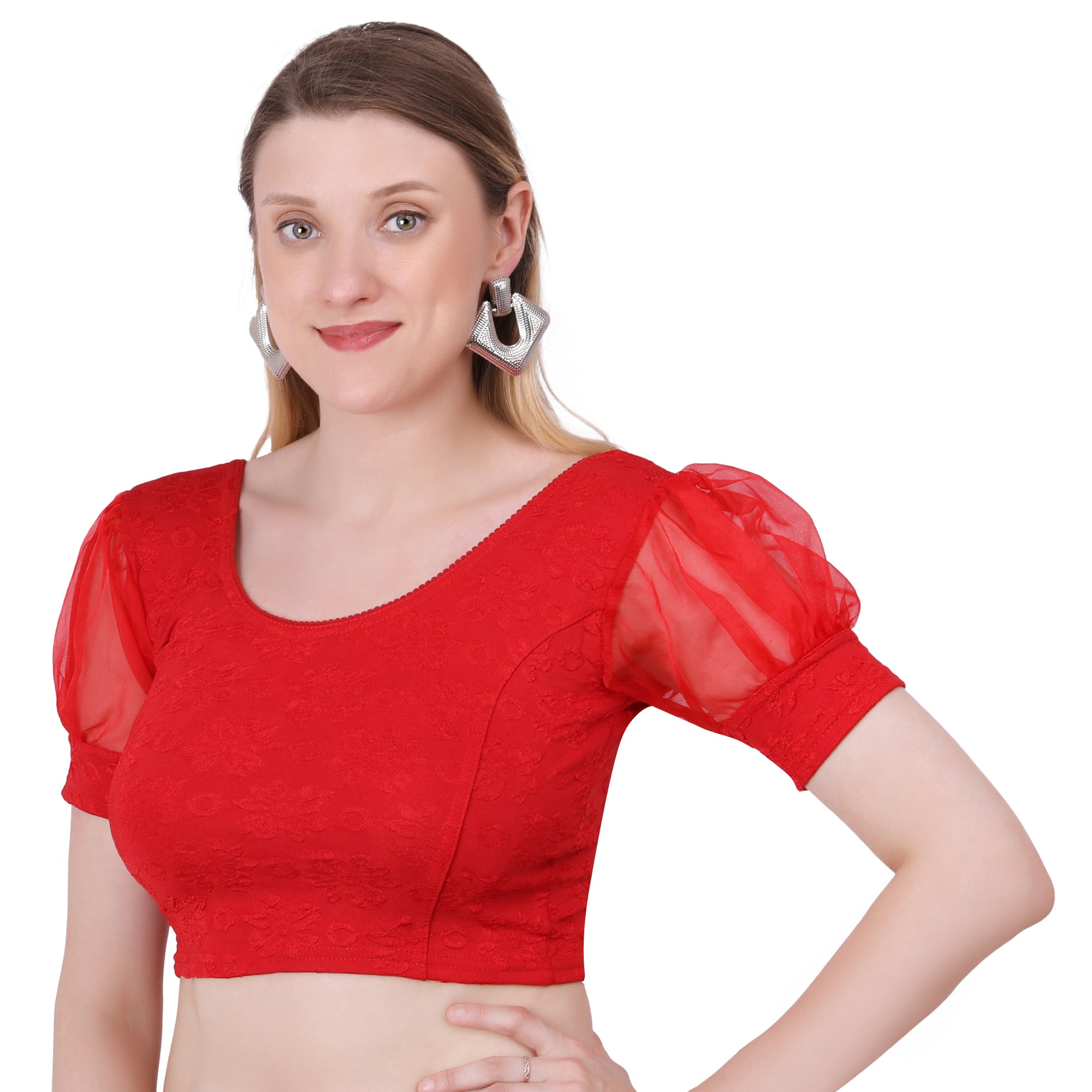Vamika Cotton Lycra Stretchable Fabric Red Balloon Sleeves Blouse - Distacart