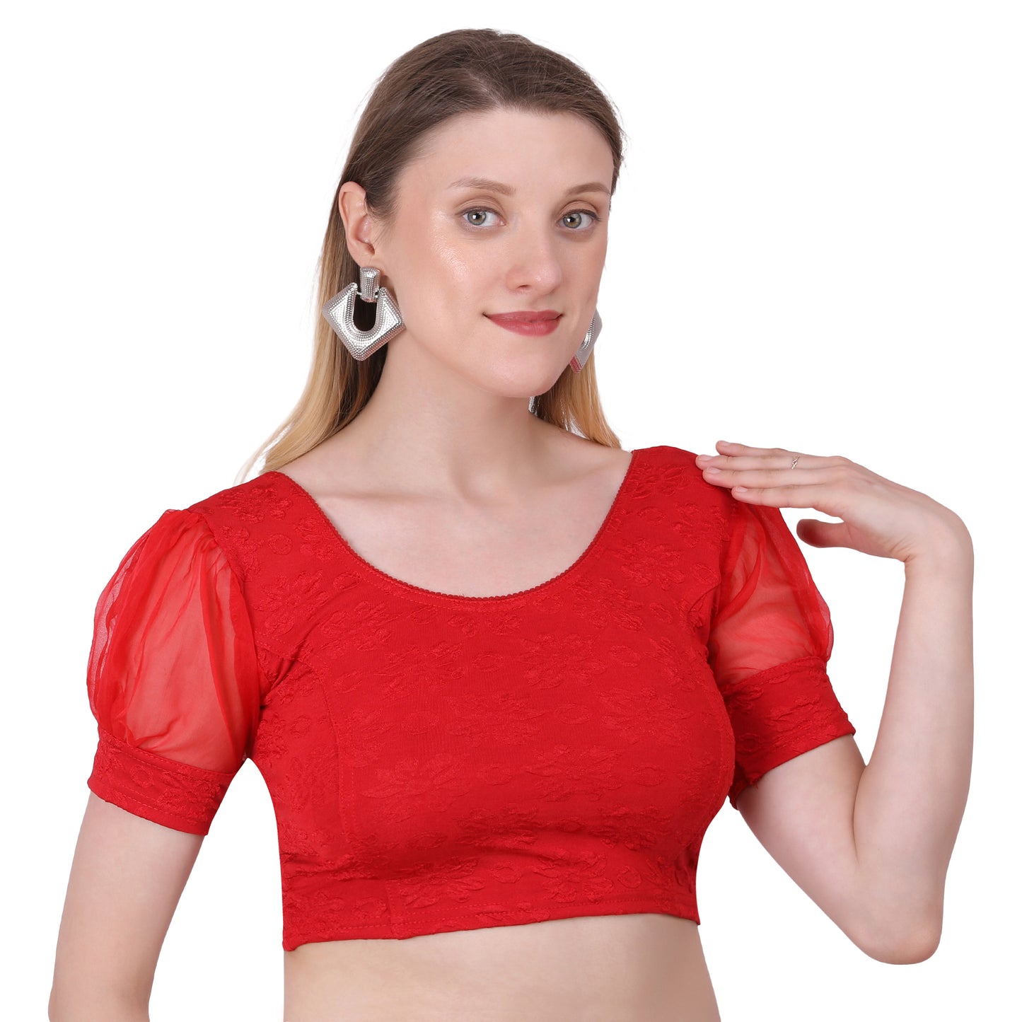Vamika Cotton Lycra Stretchable Fabric Red Balloon Sleeves Blouse - Distacart