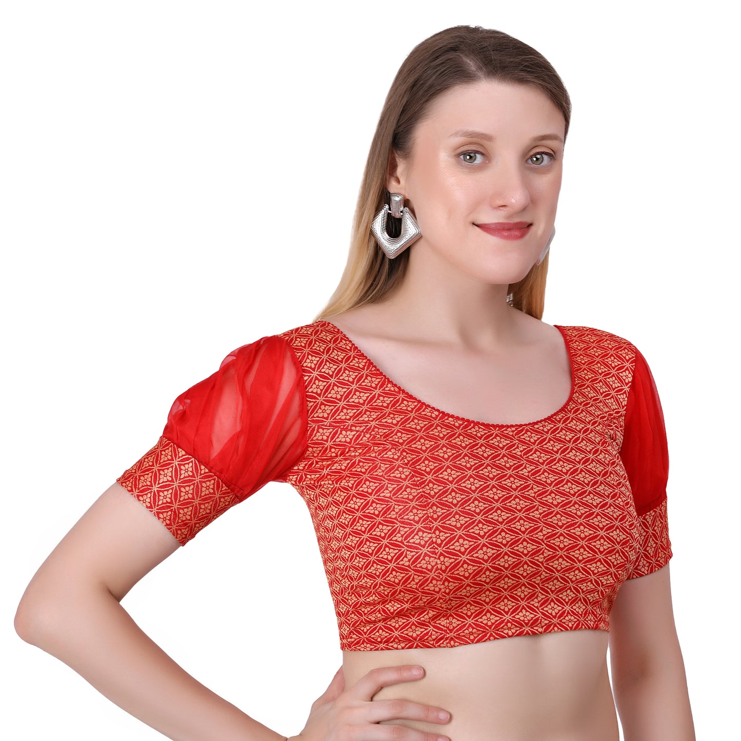 Vamika Heavy Double Phase Fabric Red Balloon Sleeves Blouse - Distacart