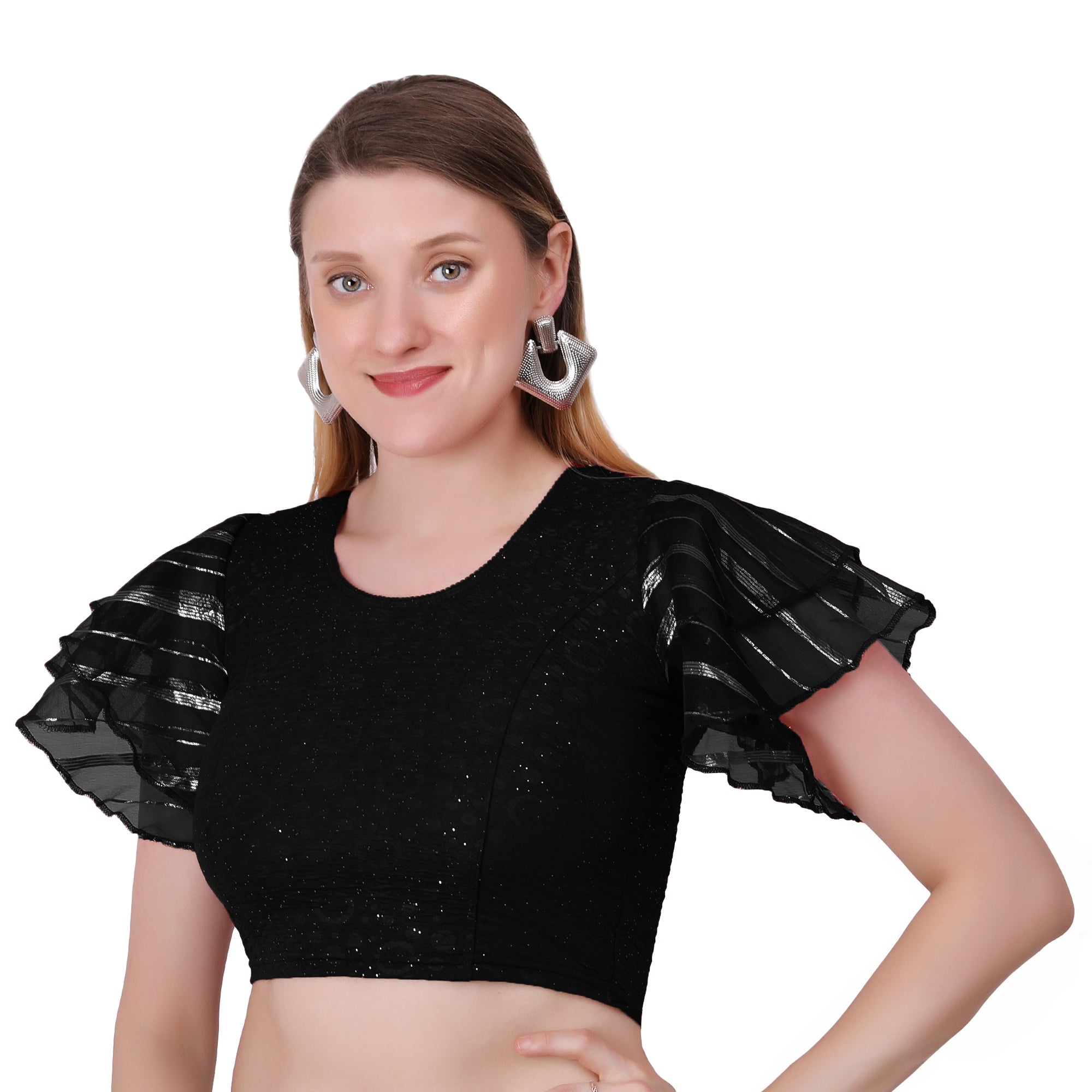 Vamika Crush Lycra Black Frill Sleeves Blouse - Distacart