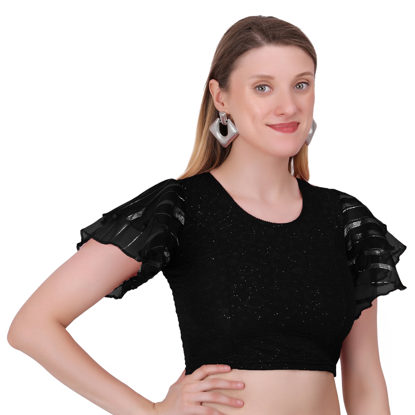 Vamika Crush Lycra Black Frill Sleeves Blouse - Distacart