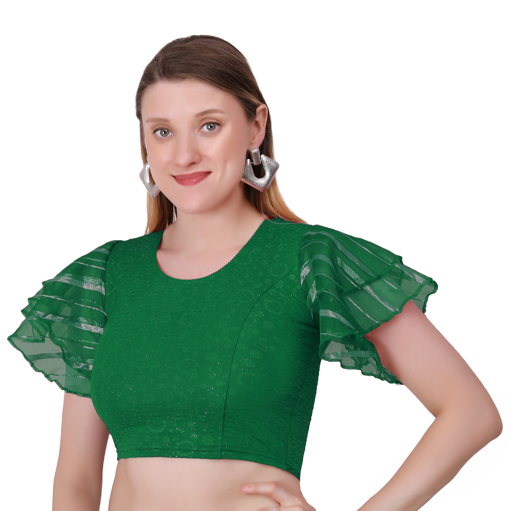 Vamika Crush Lycra Green Frill Sleeves Blouse - Distacart
