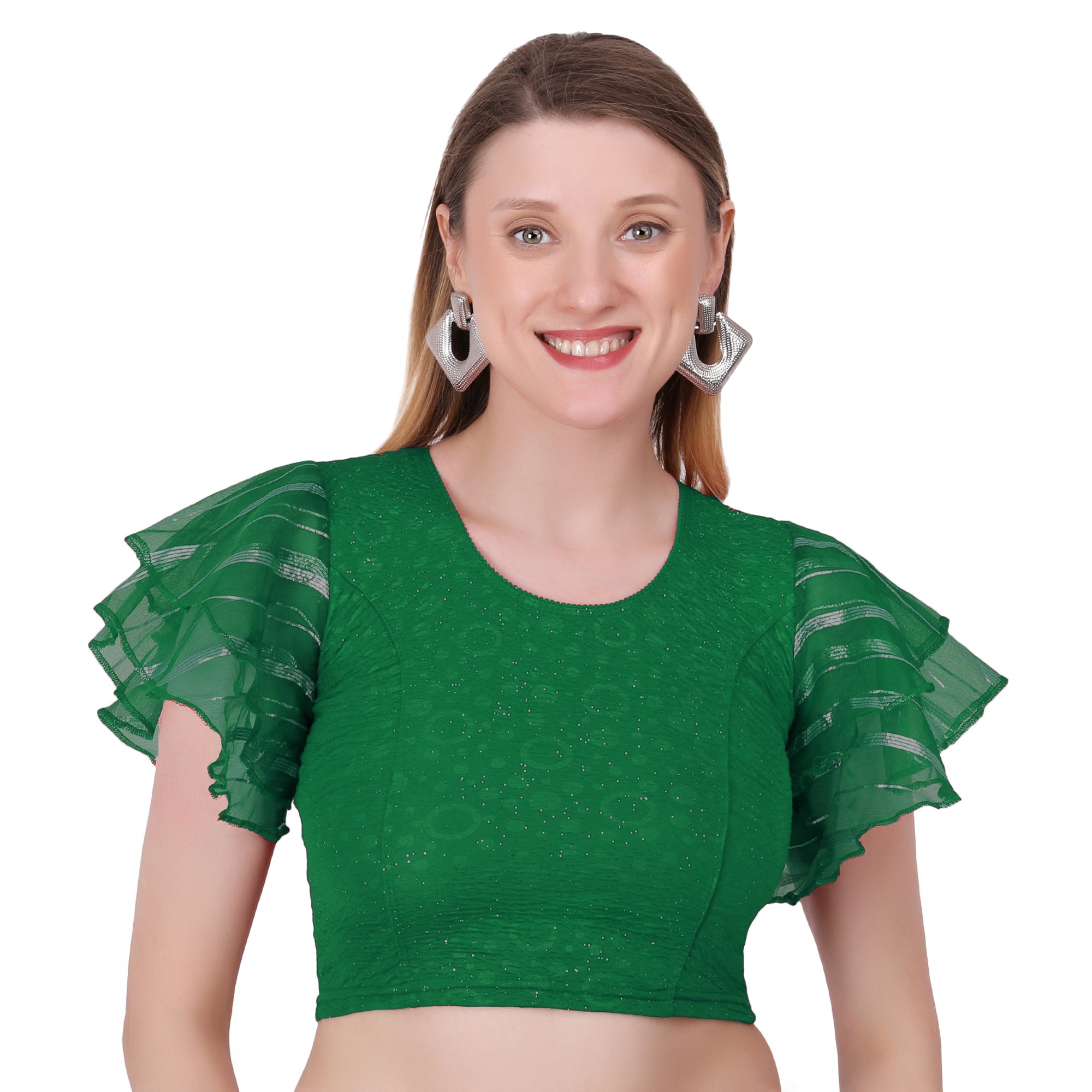 Vamika Crush Lycra Green Frill Sleeves Blouse - Distacart