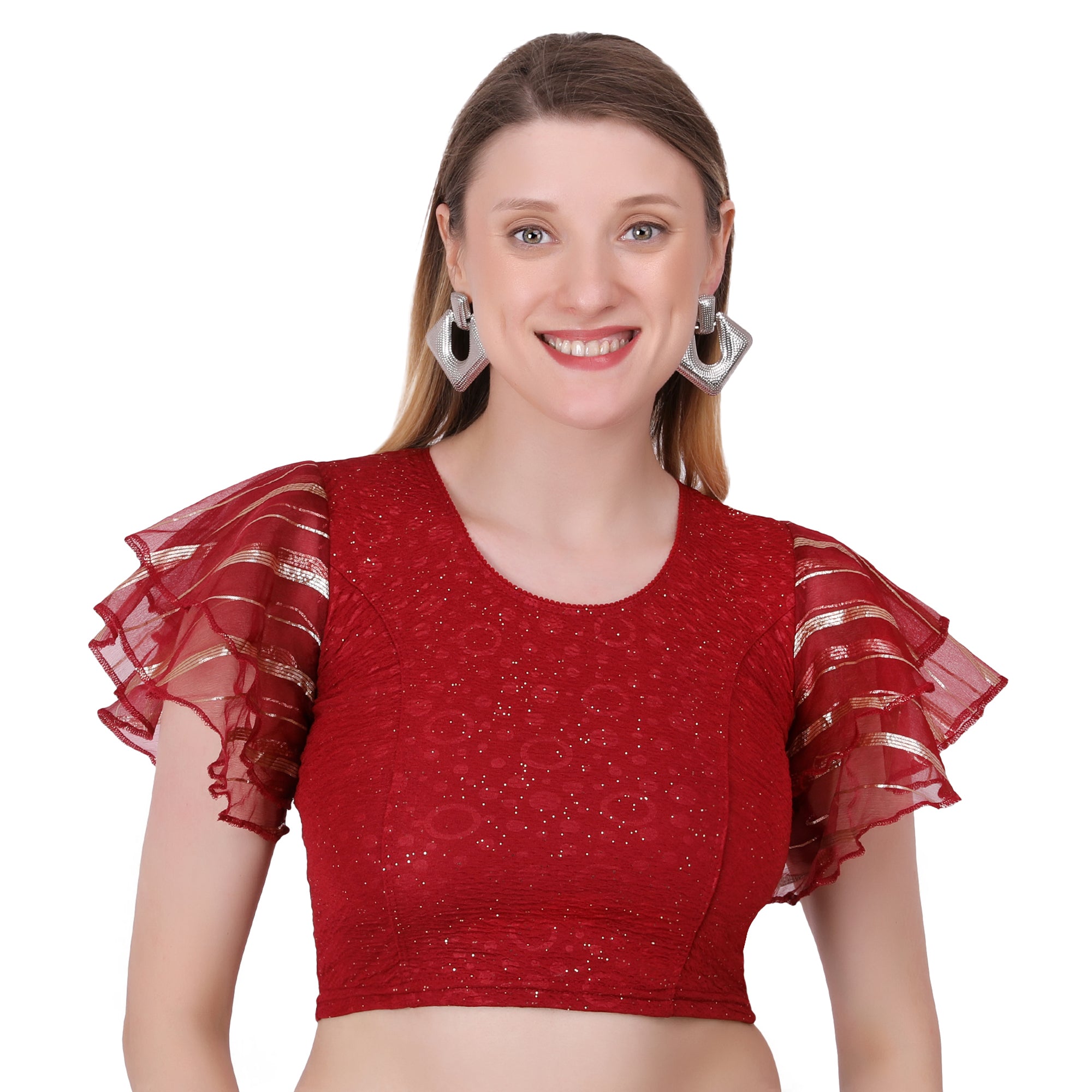 Vamika Crush Lycra Maroon Frill Sleeves Blouse - Distacart