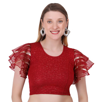 Vamika Crush Lycra Maroon Frill Sleeves Blouse - Distacart