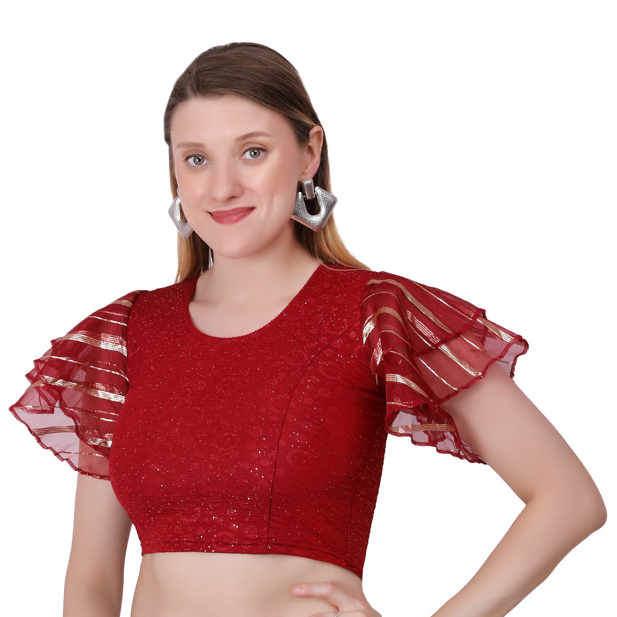 Vamika Crush Lycra Maroon Frill Sleeves Blouse - Distacart