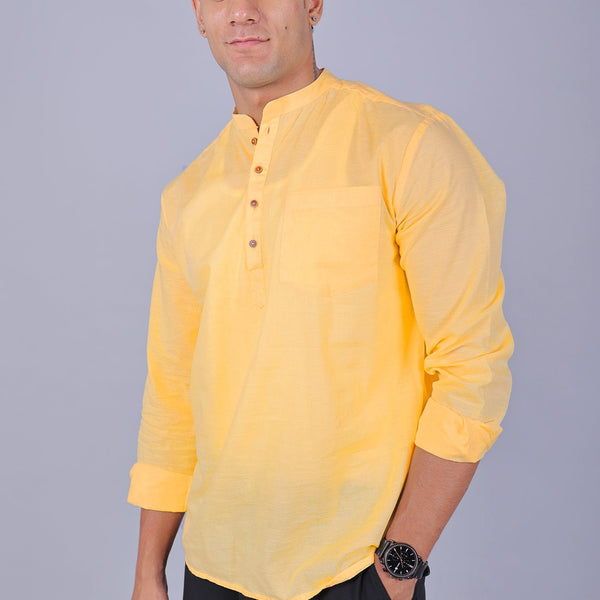 Bluebird Men's Short Kurta in Yellow - 100% Pure Cotton - Distacart