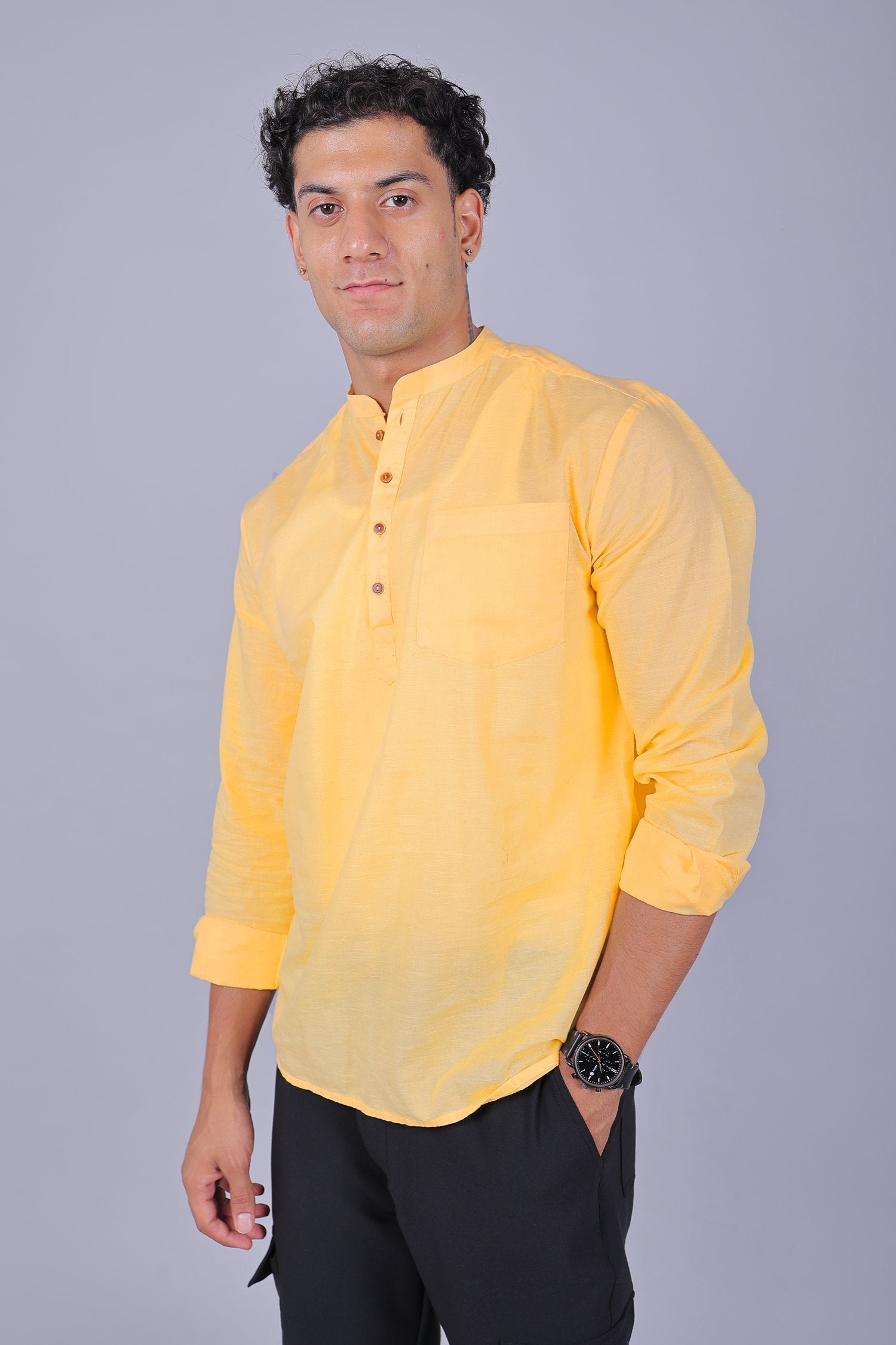 Bluebird Men's Short Kurta in Light Mango - 100% Pure Cotton - Distacart