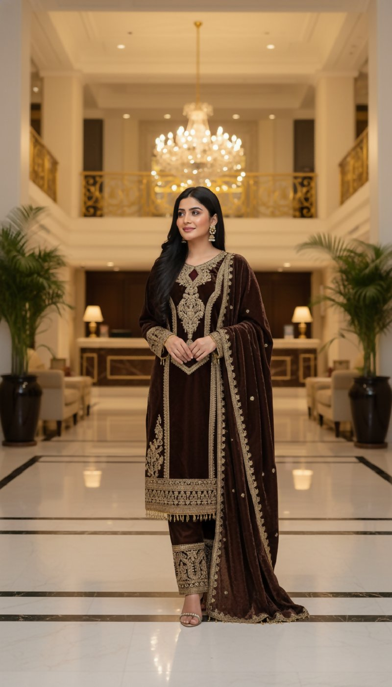 Joban Fashion Coffee Velvet Embroidery Sequence Work Readymade Kurta Set - Distacart