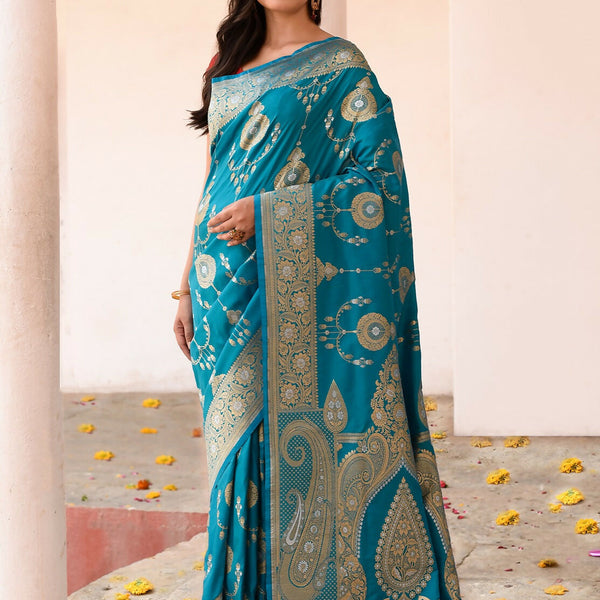 Joban Fashion Blue Banarasi Soft Pure Handloom Banarasi Silk Saree