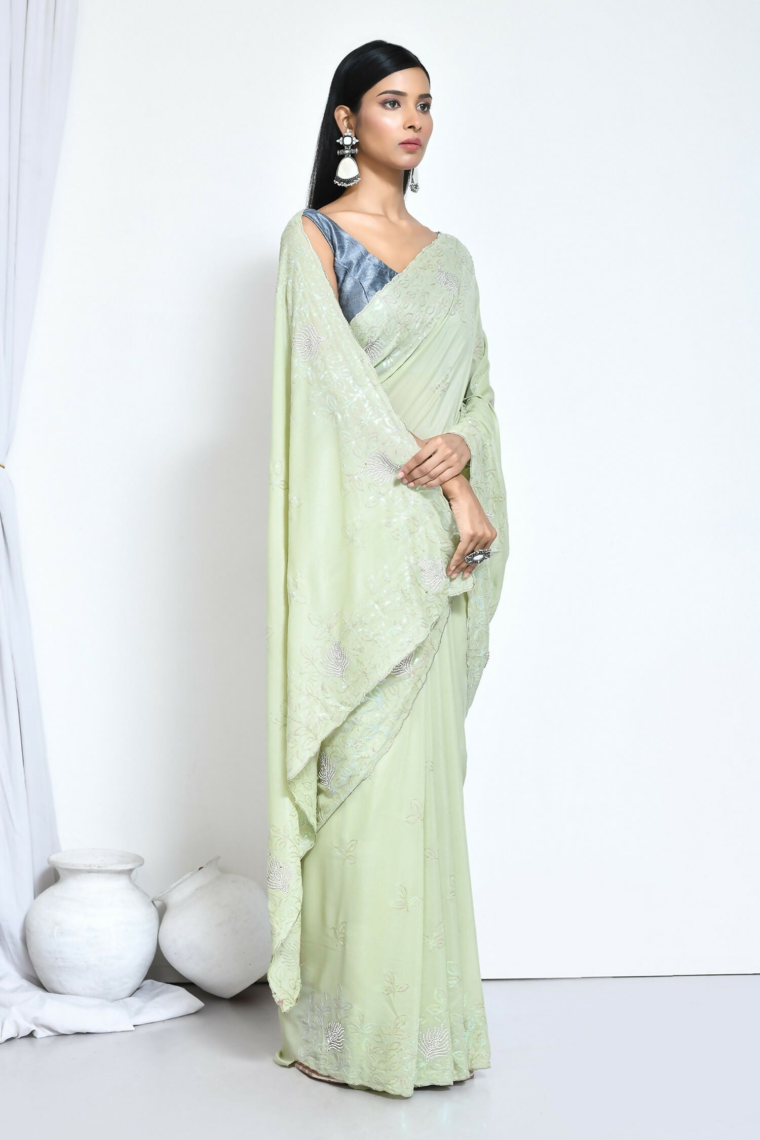 Green Crepe Silk Sequence Embroidered with Stone work Saree - Nimaya Benzy - Distacart