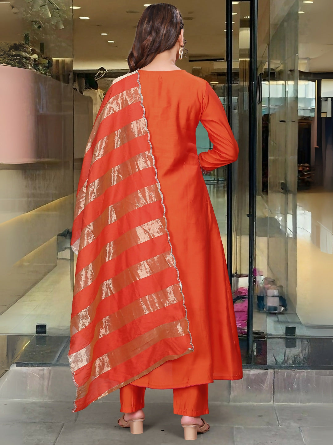 The52 Rust Women's Gorgeous Embroidered Work Chanderi Fabric Flared Kurta Pant and Dupatta Set