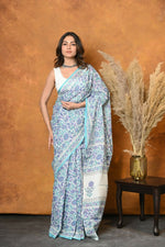 Thumbnail for Very Much Indian Handblock Printed Cotton Saree With Natural Dyes - White - Distacart
