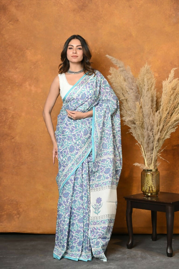 Very Much Indian Handblock Printed Cotton Saree With Natural Dyes - White - Distacart