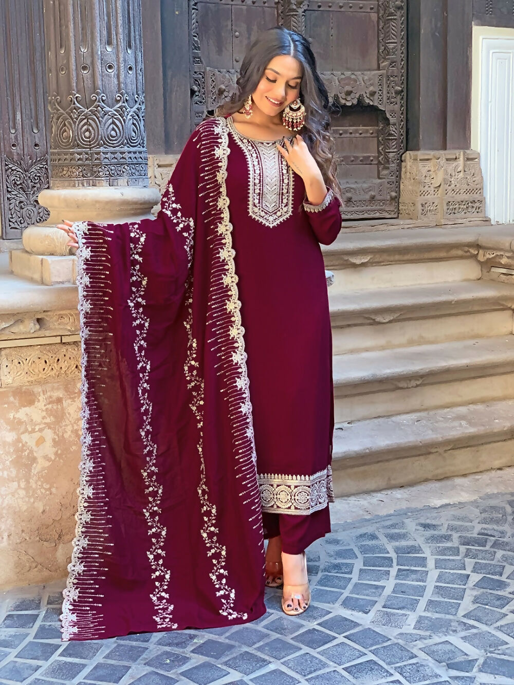 Divine Drape Women's Vichitra Silk Embroidered Straight Kurta Pant With Dupatta - Wine