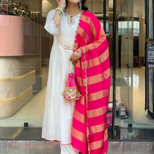 The52 White Women's Gorgeous Embroidered Work Chanderi Fabric Flared Kurta Pant and Dupatta Set - Distacart