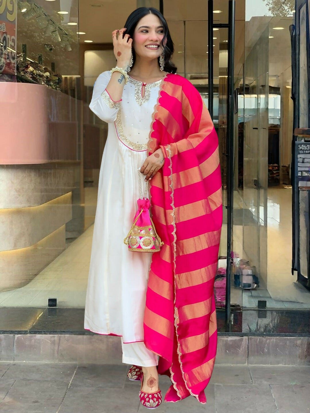 The52 White Women's Gorgeous Embroidered Work Chanderi Fabric Flared Kurta Pant and Dupatta Set