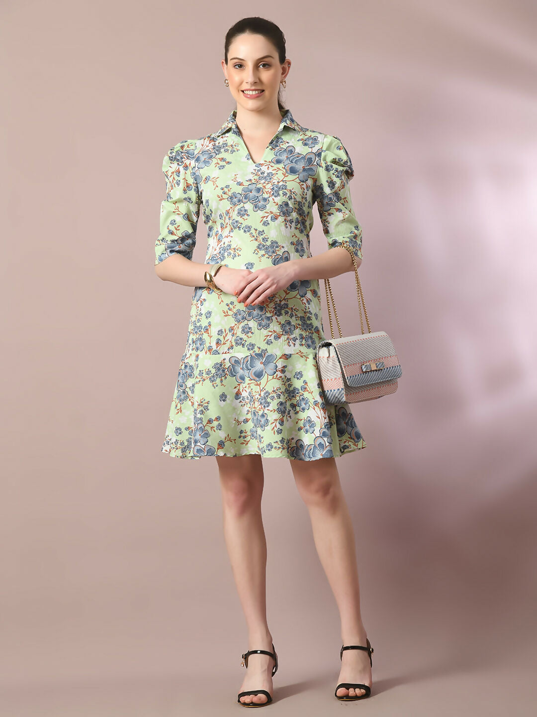 Myshka Women's Green Printed Shirt Collar Fit and Flare Party Dress - Distacart