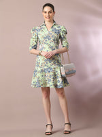 Thumbnail for Myshka Women's Green Printed Shirt Collar Fit and Flare Party Dress - Distacart