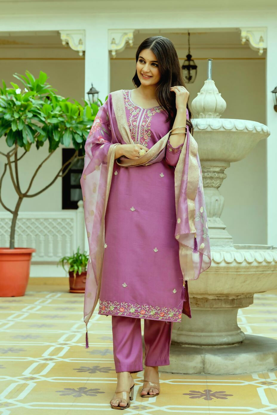 The52 Purple Women's Beautiful Embroidered Viscose Chanderi Silk Fabric with Straight Kurta, Pant and Dupatta Set - Distacart