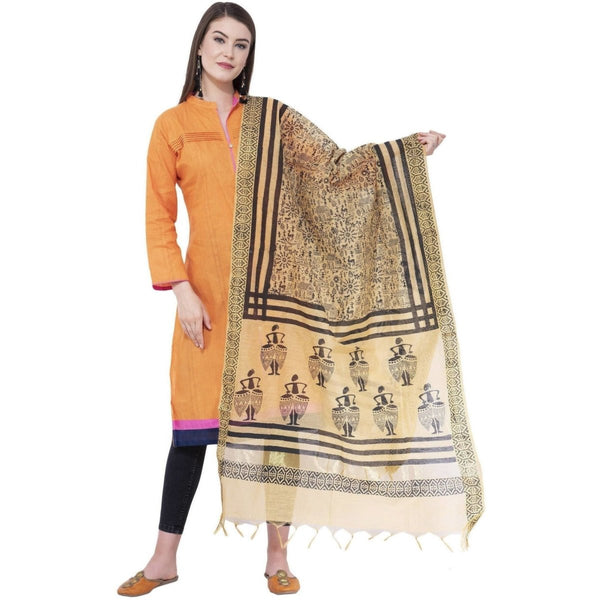 A R Silk Women's Block Print Chanderi Cotton Dark Golden Dupattas and Chunnis