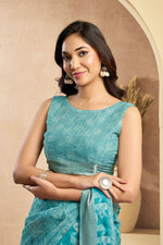 Thumbnail for Vastranavya Sky Blue Digital Printed Linen Ready To Wear Designer Saree with Unstitched Blouse - Distacart
