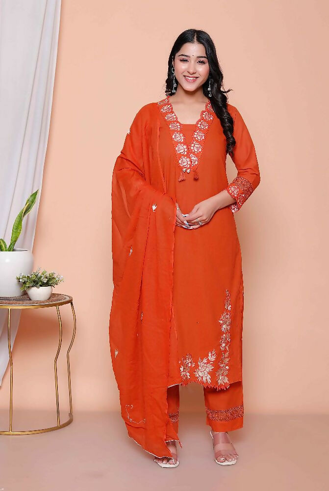 Miravan Womens Embroidered Cotton Kurta With Palazzo & Dupatta Set