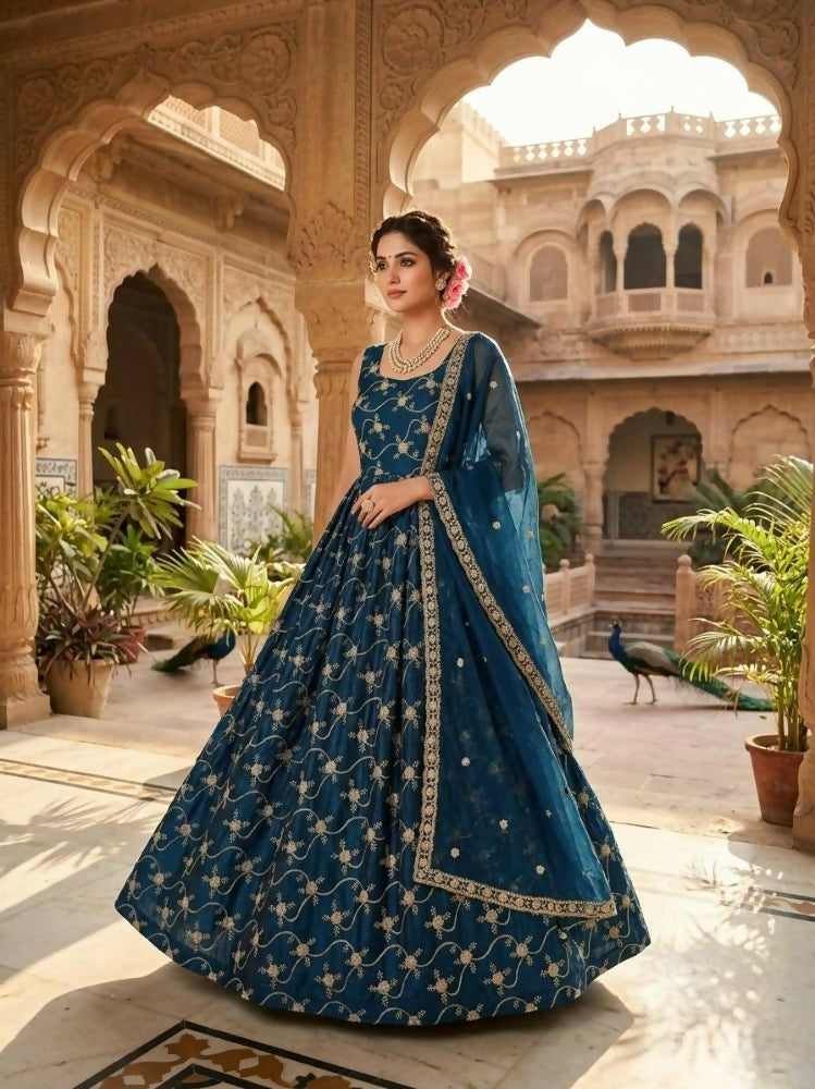 Teeya Creation Blue Color Fendy Silk Heavy Embroidery Work Wedding Wear Long Gown - Distacart