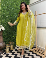 Thumbnail for Malishka Women's Lemon Yellow Chanderi Embroidered Straight Kurta Pant With Dupatta