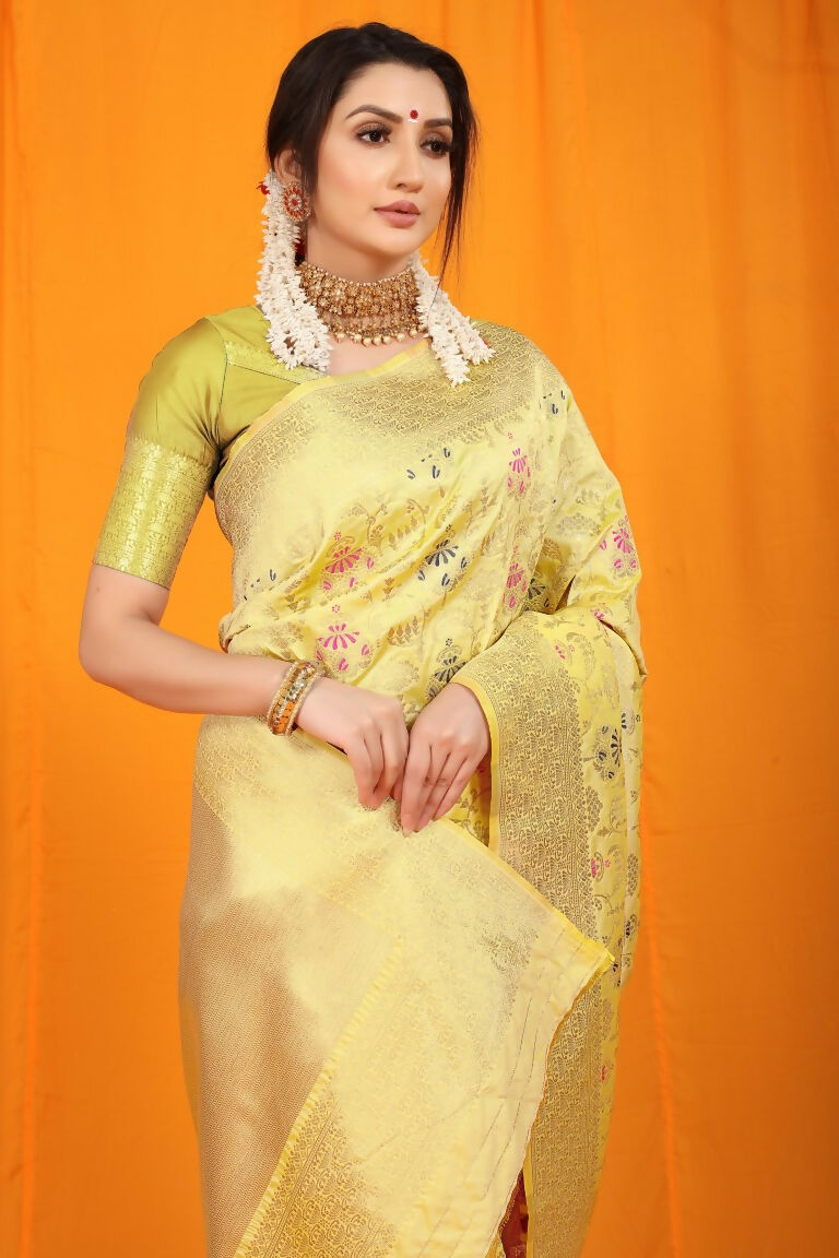 Jyoti Fashion Women's Cream Kanjivaram Silk Zari Woven Saree with Blouse - Distacart