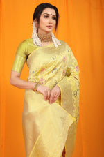 Thumbnail for Jyoti Fashion Women's Cream Kanjivaram Silk Zari Woven Saree with Blouse - Distacart