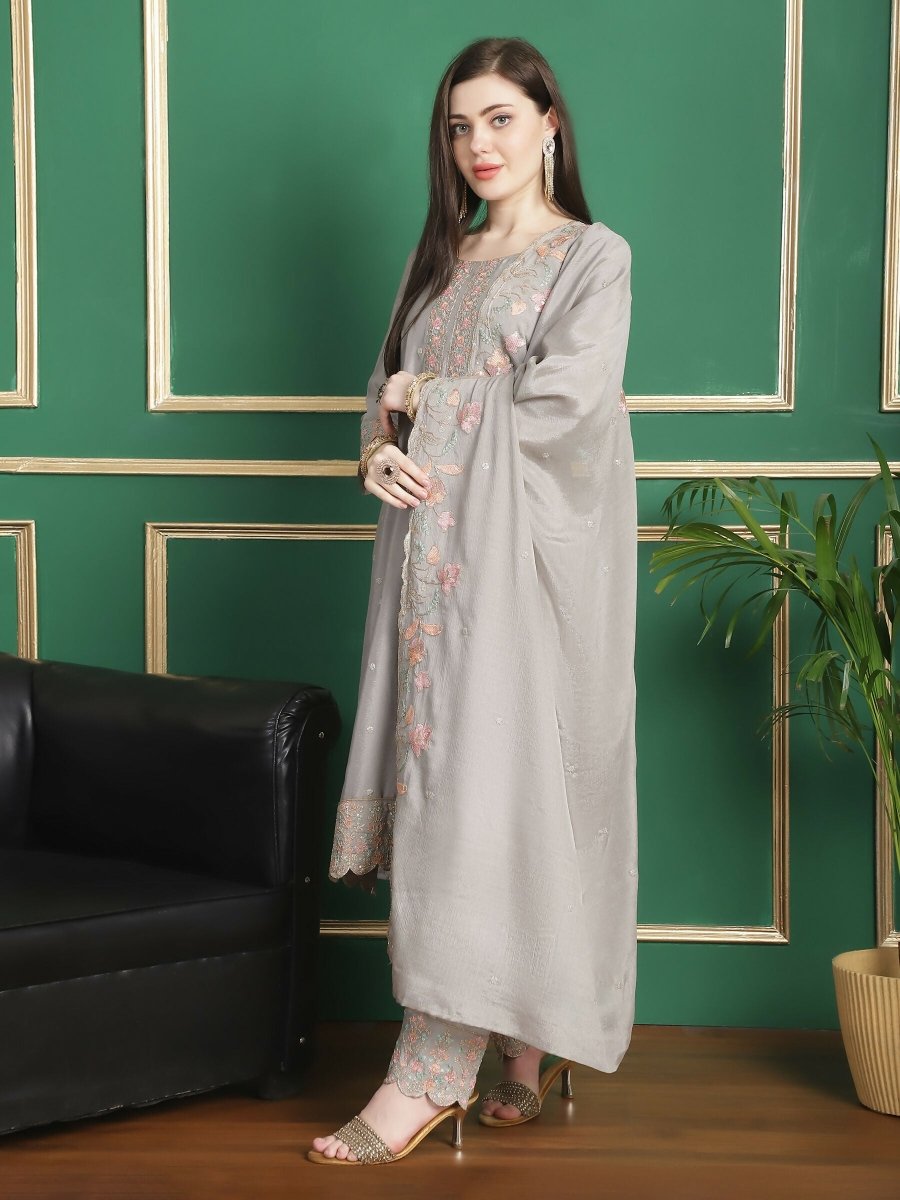 Aastha Fashion Women's Grey Chinon Chiffon Floral Embroidery with Cording & Crystal Work Designer Straight Suit Set - Distacart