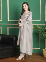 Thumbnail for Aastha Fashion Women's Grey Chinon Chiffon Floral Embroidery with Cording & Crystal Work Designer Straight Suit Set - Distacart