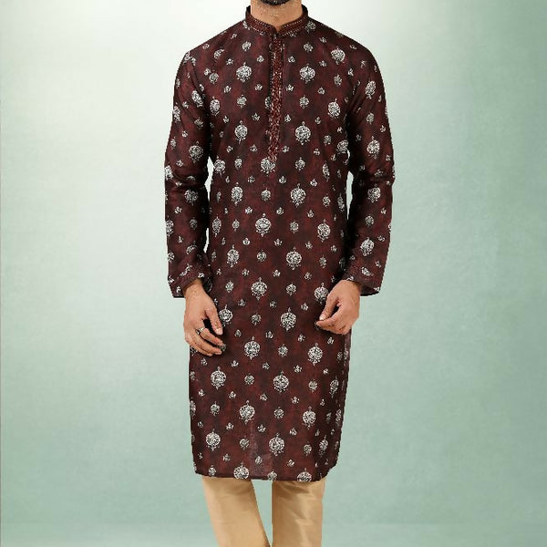 Raivat Ethnic Art Silk Printed Work Kurta Pajama In Brown Colour