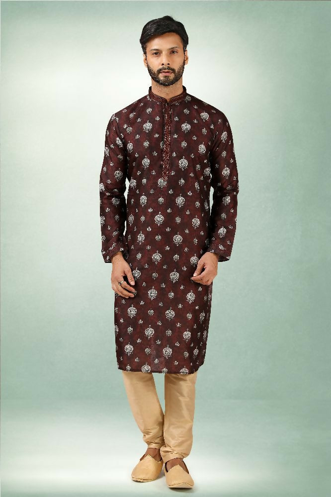 Raivat Ethnic Art Silk Printed Work Kurta Pajama In Brown Colour