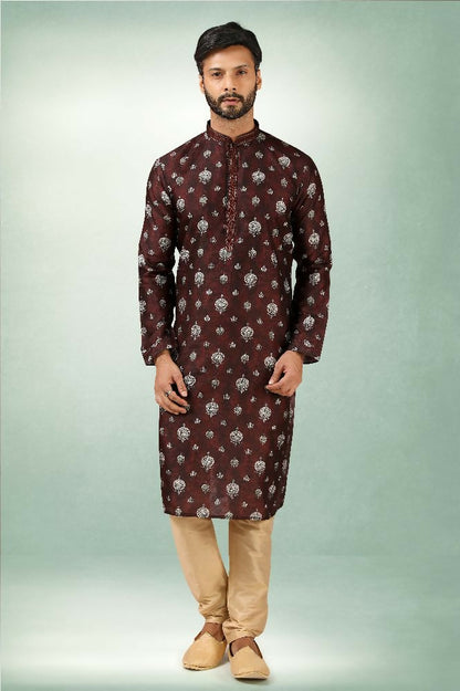 Raivat Ethnic Art Silk Printed Work Kurta Pajama In Brown Colour - Distacart