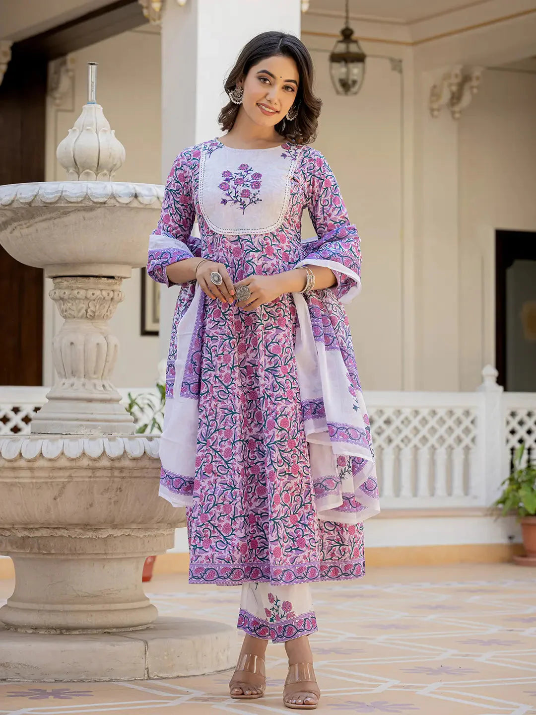 Yufta Lavender Ethnic Motifs Cotton Dupatta Set - Distacart