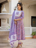 Thumbnail for Yufta Lavender Ethnic Motifs Cotton Dupatta Set - Distacart