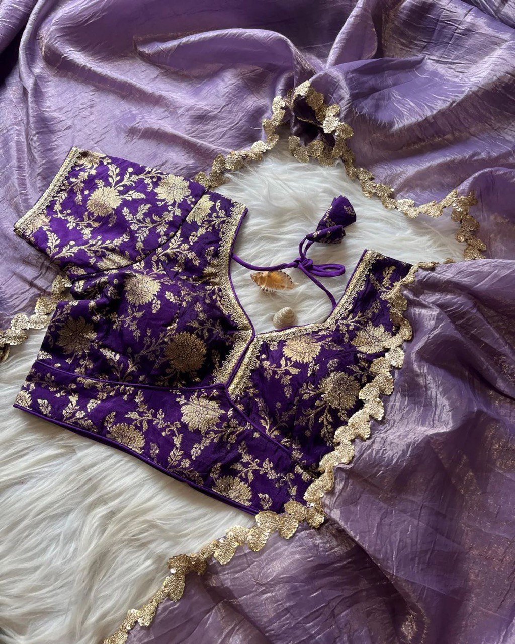 Lorenvalley Fashion Premium Lavender Tissue Crush Saree with Jacquard Weaving Stitched Blouse - Distacart